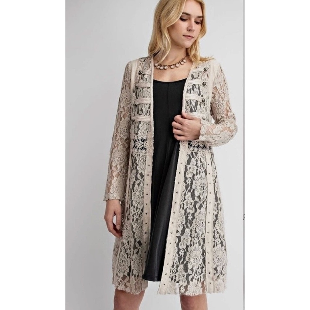 Vocal Womens Lace Duster Cardigan Cream Beige Button Boho Long Jacket NEW